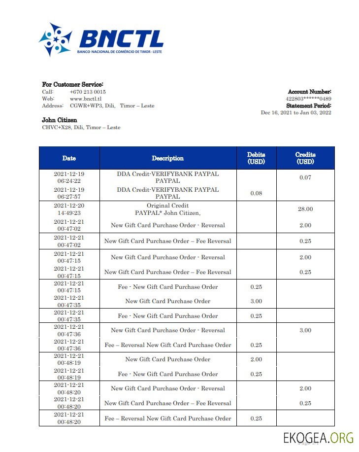 Relevé bancaire Timor Leste BNCTL
